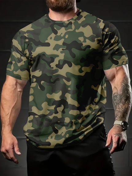 Regular Fit Crew Neck T-Shirt Men'S Casual Print Crew Neck T-Shirt, Polyester Knit Fabric, Short Sleeve, Regular Fit, Slight Stretch, for Daily & Weekend Casual Wear