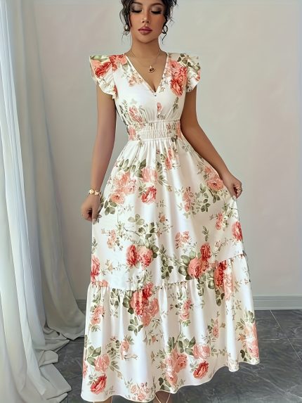 Elegant Floral Print Long Dress with Ruffle Detail, V-Neck, Cinched Waist, and Tiered Skirt - Perfect for Beach Vacations, Romantic Outings, and Fashionable Streetwear, Beach Dress
