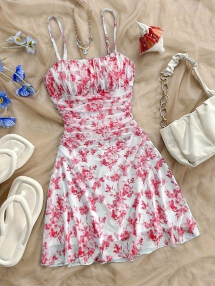 Fashionable Floral Dress Elegant Floral Print Halter Dress - Women's Fashionable Suitable for All Seasons