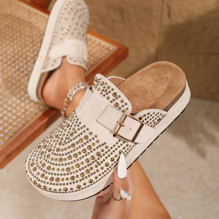 2025 Summer New Rhinestone Vacation Style Casual Slip-On Thick Sole Beach Mules