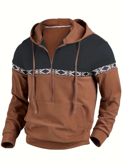 Christmas Men's Gift Textured Contrast Zip Hooded Long Sleeve Outdoor Casual Top