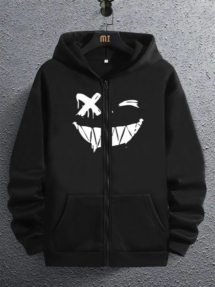Smiling Face Graphic Print Men's Long Sleeve Hoodie, Zip-up Hooded Sweatshirt With Kangaroo Pocket, Casual Comfortable Versatile Top For Autumn & Winter