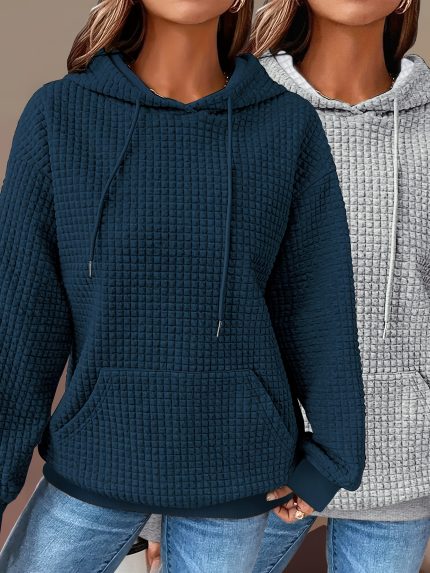 Two-Piece Early Autumn Waffle Hoodie Set in Navy Blue + Gray, Loose Casual Women's Top