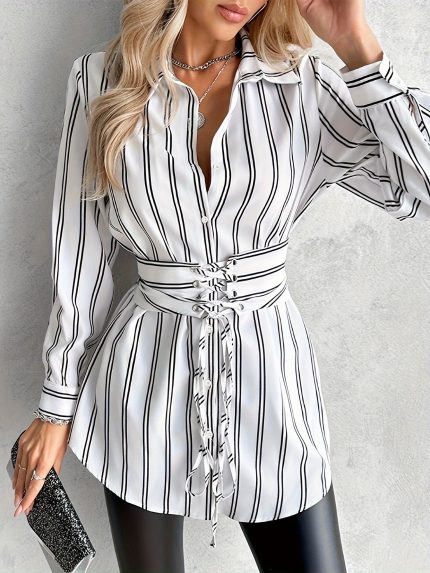Stripe Print Button Front Blouse