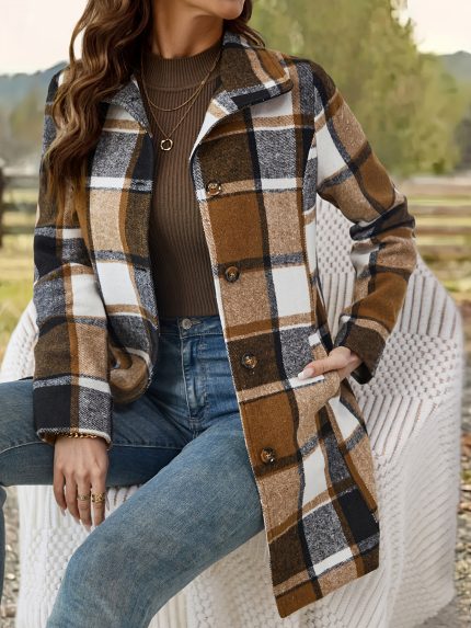 Women's Elegant European & American Style Long Lapel Single-Breasted Tweed Coat