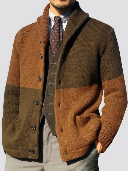 Men's Elegant Color Block Lapel Knit Cardigan
