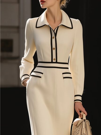 Women'S Structured Fitted Shirt Collar Dress with Black Trim & Waist Ruching