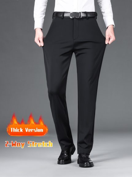 Warm Thick Dress Pants, Men's Formal Solid Color Stretch Dress Pants For Fall Winter Business
