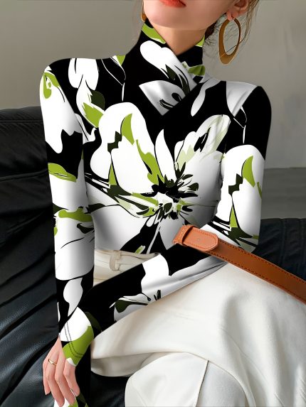 1pc Women'S Sexy Floral Print High Neck Turtleneck Long Sleeve T-Shirt
