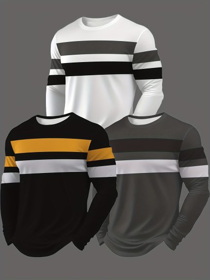 Three-Pack Men's Fashion Casual Crew Neck Long Sleeve