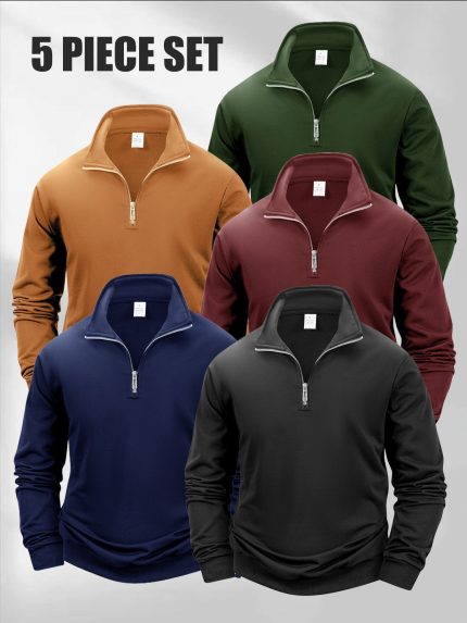5pcs Men's Solid Color Zip-Up Sweatshirts
