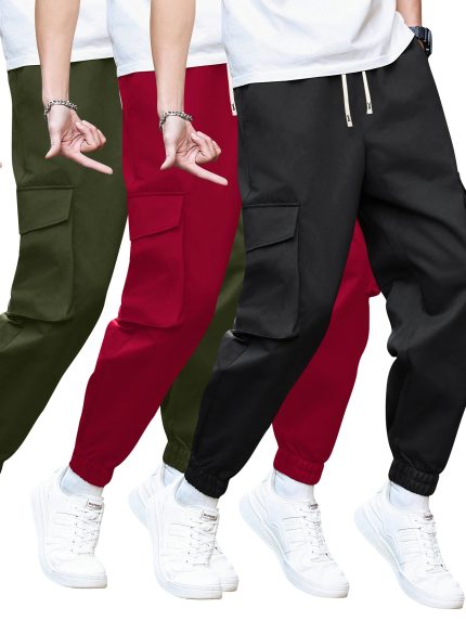 3pcs Men's Solid Color Cargo Pants with Multiple Pockets