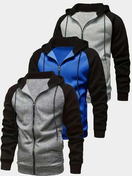 Men's 3pcs Set Of Contrast Color Fleece Hoodie Jackets