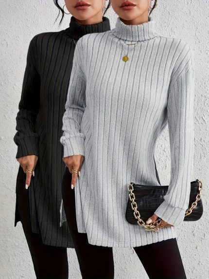 2pcs Ribbed Turtle Neck Plain T-shirt