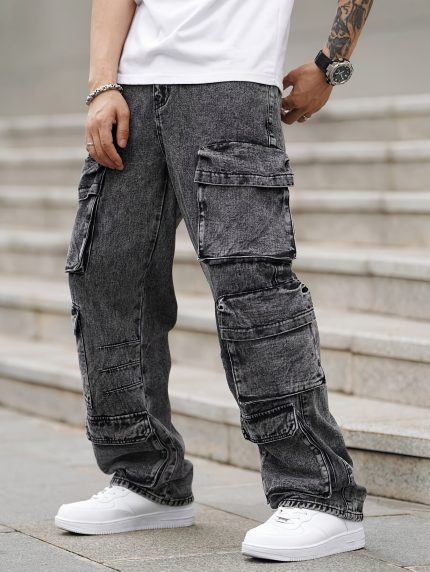 MenS Cargo Jeans with Multiple Pockets - Cotton Blend, Casual Style, Four Seasons Wear