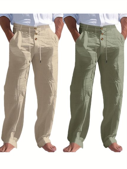 2pcs Men's Lightweight Linen Casual Straight-Leg Pants